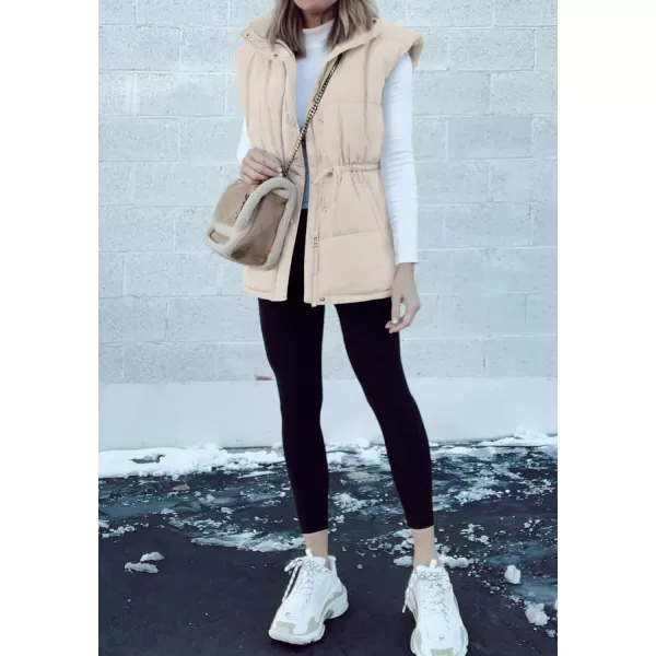 BTFBM Womens Casual Outerwear Vest Button Down Zip Up Padded Gilet Drawstring Sleeveless Jackets Coats with PocketsSolid Beige