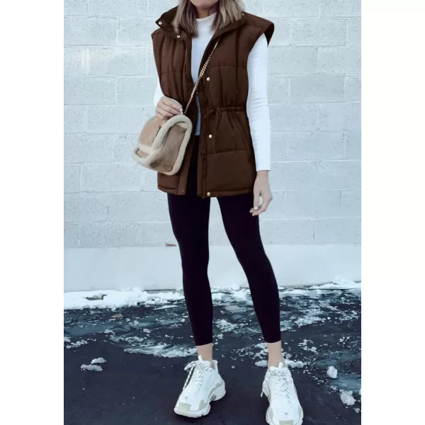 BTFBM Womens Casual Outerwear Vest Button Down Zip Up Padded Gilet Drawstring Sleeveless Jackets Coats with PocketsSolid Coffee