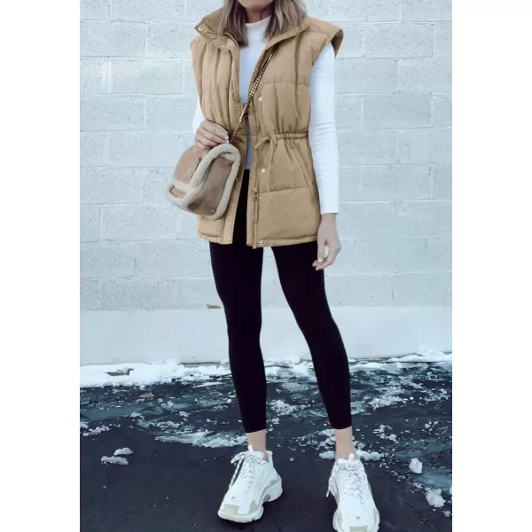 BTFBM Womens Casual Outerwear Vest Button Down Zip Up Padded Gilet Drawstring Sleeveless Jackets Coats with PocketsSolid Khaki