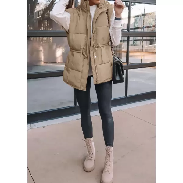 BTFBM Womens Casual Outerwear Vest Button Down Zip Up Padded Gilet Drawstring Sleeveless Jackets Coats with PocketsSolid Khaki