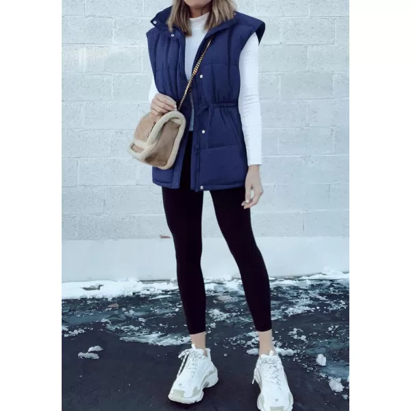BTFBM Womens Casual Outerwear Vest Button Down Zip Up Padded Gilet Drawstring Sleeveless Jackets Coats with PocketsSolid Navy