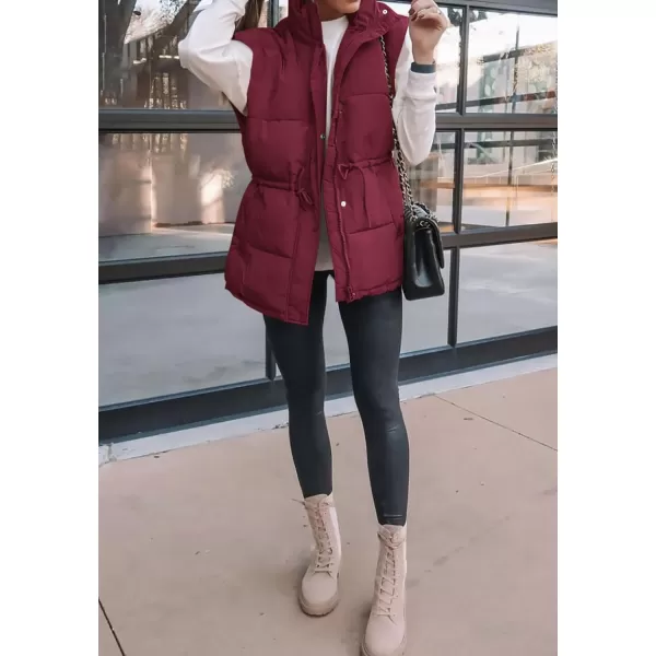BTFBM Womens Casual Outerwear Vest Button Down Zip Up Padded Gilet Drawstring Sleeveless Jackets Coats with PocketsSolid Wine Red