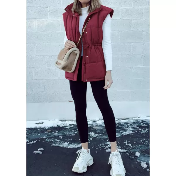 BTFBM Womens Casual Outerwear Vest Button Down Zip Up Padded Gilet Drawstring Sleeveless Jackets Coats with PocketsSolid Wine Red