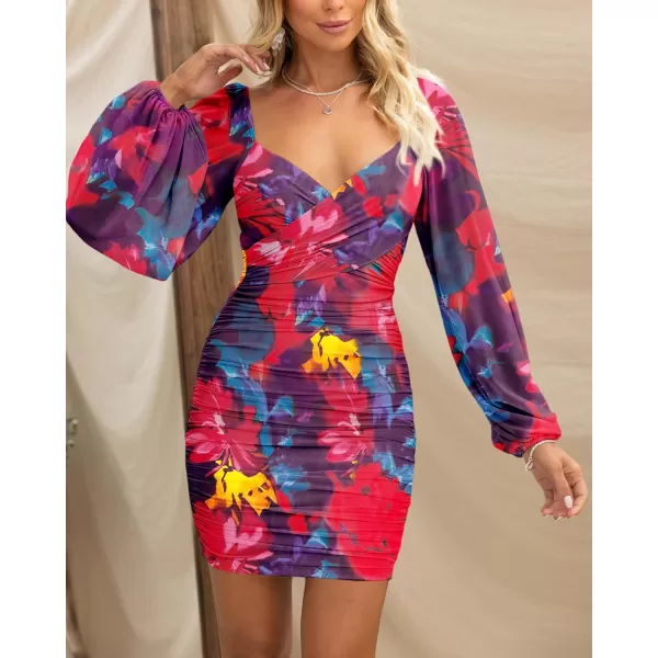 BTFBM Womens Elegant Ruched Bodycon Dresses Spring Summer Mesh Long Sleeve Cross V Neck Party Club Cocktail Mini DressBig Floral Navy Red