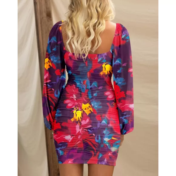 BTFBM Womens Elegant Ruched Bodycon Dresses Spring Summer Mesh Long Sleeve Cross V Neck Party Club Cocktail Mini DressBig Floral Navy Red