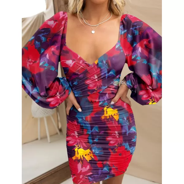 BTFBM Womens Elegant Ruched Bodycon Dresses Spring Summer Mesh Long Sleeve Cross V Neck Party Club Cocktail Mini DressBig Floral Navy Red