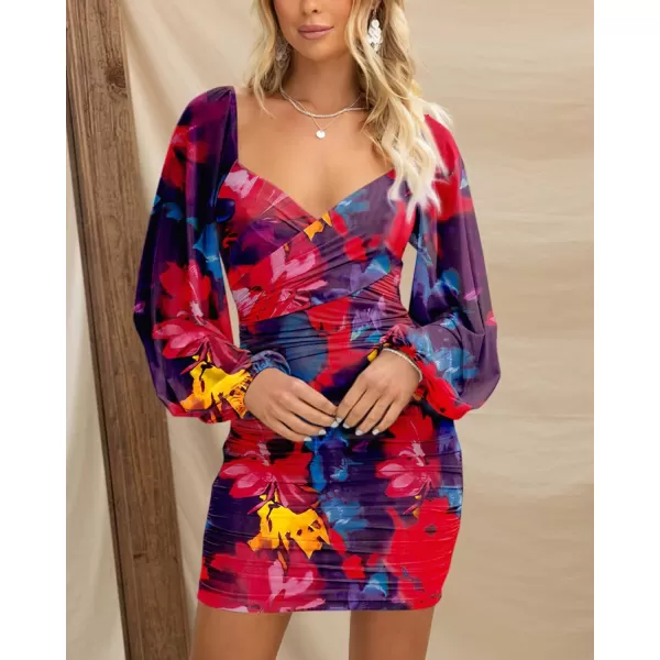 BTFBM Womens Elegant Ruched Bodycon Dresses Spring Summer Mesh Long Sleeve Cross V Neck Party Club Cocktail Mini DressBig Floral Navy Red