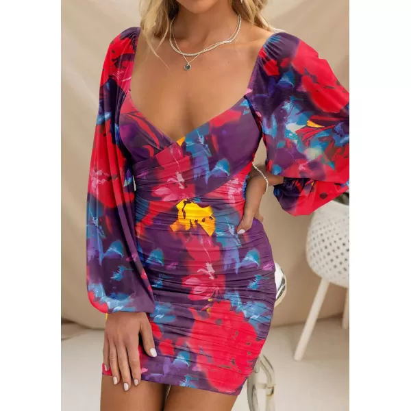 BTFBM Womens Elegant Ruched Bodycon Dresses Spring Summer Mesh Long Sleeve Cross V Neck Party Club Cocktail Mini DressBig Floral Navy Red