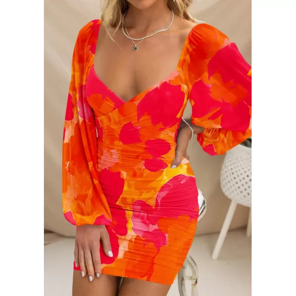 BTFBM Womens Elegant Ruched Bodycon Dresses Spring Summer Mesh Long Sleeve Cross V Neck Party Club Cocktail Mini DressBig Floral Orange Red