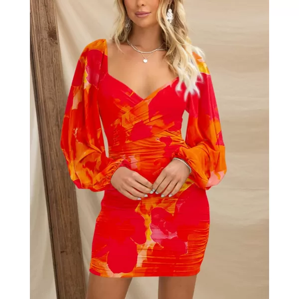 BTFBM Womens Elegant Ruched Bodycon Dresses Spring Summer Mesh Long Sleeve Cross V Neck Party Club Cocktail Mini DressBig Floral Orange Red