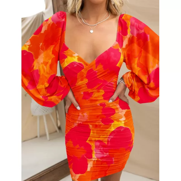 BTFBM Womens Elegant Ruched Bodycon Dresses Spring Summer Mesh Long Sleeve Cross V Neck Party Club Cocktail Mini DressBig Floral Orange Red
