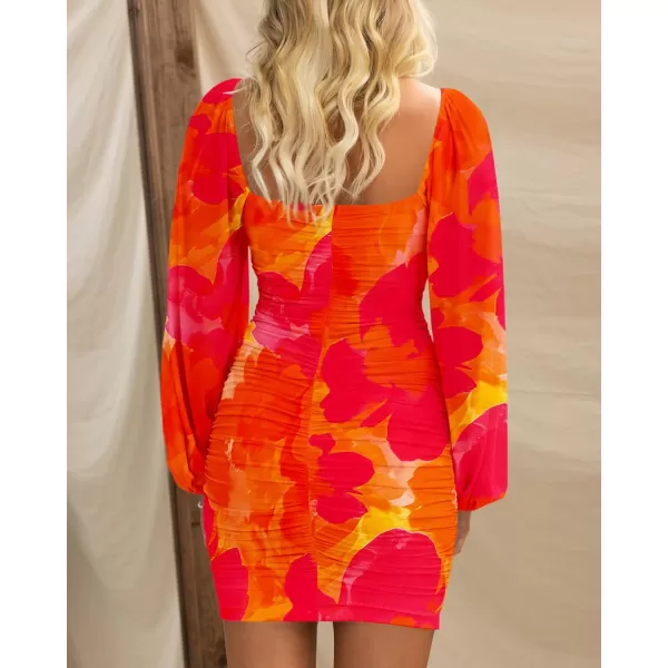 BTFBM Womens Elegant Ruched Bodycon Dresses Spring Summer Mesh Long Sleeve Cross V Neck Party Club Cocktail Mini DressBig Floral Orange Red