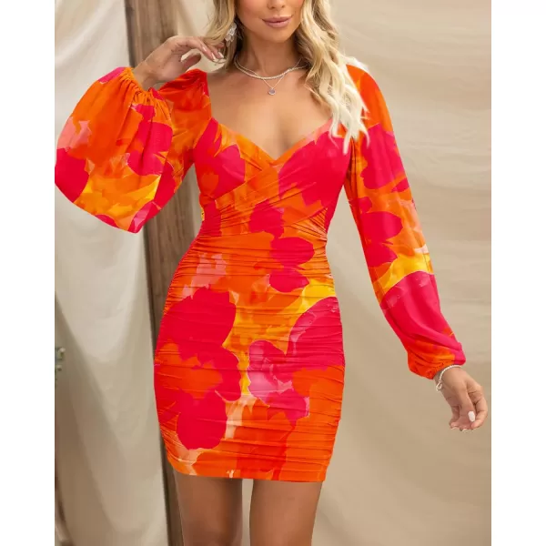 BTFBM Womens Elegant Ruched Bodycon Dresses Spring Summer Mesh Long Sleeve Cross V Neck Party Club Cocktail Mini DressBig Floral Orange Red