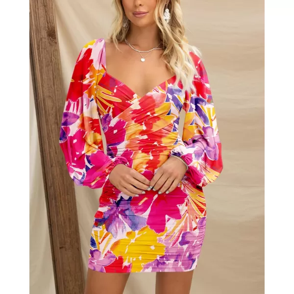 BTFBM Womens Elegant Ruched Bodycon Dresses Spring Summer Mesh Long Sleeve Cross V Neck Party Club Cocktail Mini DressBig Floral Red Purple