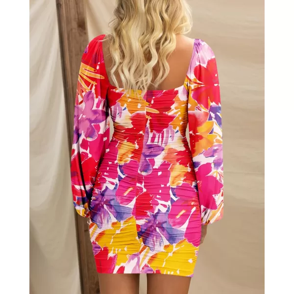 BTFBM Womens Elegant Ruched Bodycon Dresses Spring Summer Mesh Long Sleeve Cross V Neck Party Club Cocktail Mini DressBig Floral Red Purple