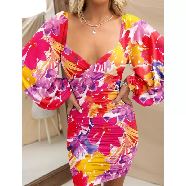 BTFBM Womens Elegant Ruched Bodycon Dresses Spring Summer Mesh Long Sleeve Cross V Neck Party Club Cocktail Mini DressBig Floral Red Purple