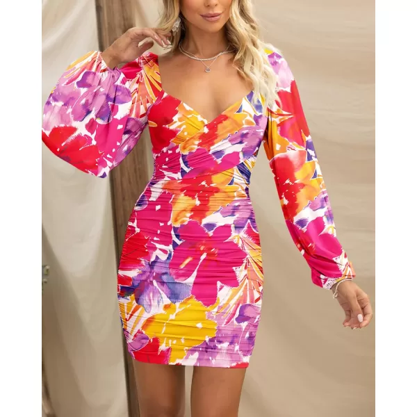 BTFBM Womens Elegant Ruched Bodycon Dresses Spring Summer Mesh Long Sleeve Cross V Neck Party Club Cocktail Mini DressBig Floral Red Purple