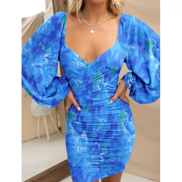 BTFBM Womens Elegant Ruched Bodycon Dresses Spring Summer Mesh Long Sleeve Cross V Neck Party Club Cocktail Mini DressPrint Blue