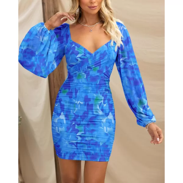 BTFBM Womens Elegant Ruched Bodycon Dresses Spring Summer Mesh Long Sleeve Cross V Neck Party Club Cocktail Mini DressPrint Blue