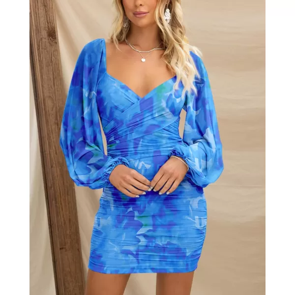 BTFBM Womens Elegant Ruched Bodycon Dresses Spring Summer Mesh Long Sleeve Cross V Neck Party Club Cocktail Mini DressPrint Blue