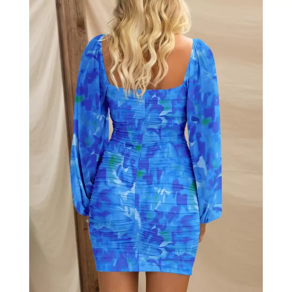 BTFBM Womens Elegant Ruched Bodycon Dresses Spring Summer Mesh Long Sleeve Cross V Neck Party Club Cocktail Mini DressPrint Blue