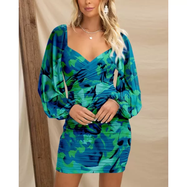 BTFBM Womens Elegant Ruched Bodycon Dresses Spring Summer Mesh Long Sleeve Cross V Neck Party Club Cocktail Mini DressPrint Green