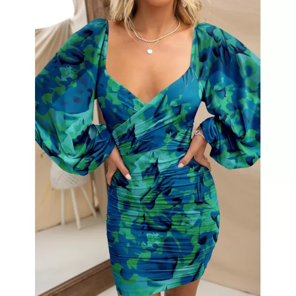 BTFBM Womens Elegant Ruched Bodycon Dresses Spring Summer Mesh Long Sleeve Cross V Neck Party Club Cocktail Mini DressPrint Green