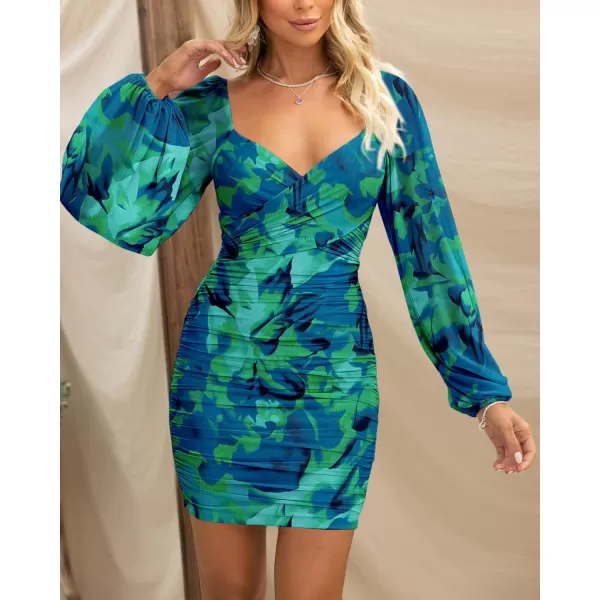 BTFBM Womens Elegant Ruched Bodycon Dresses Spring Summer Mesh Long Sleeve Cross V Neck Party Club Cocktail Mini DressPrint Green