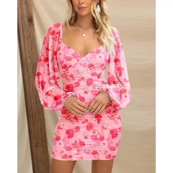 BTFBM Womens Elegant Ruched Bodycon Dresses Spring Summer Mesh Long Sleeve Cross V Neck Party Club Cocktail Mini DressPrint Pink