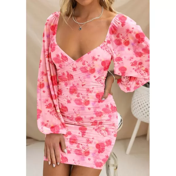 BTFBM Womens Elegant Ruched Bodycon Dresses Spring Summer Mesh Long Sleeve Cross V Neck Party Club Cocktail Mini DressPrint Pink