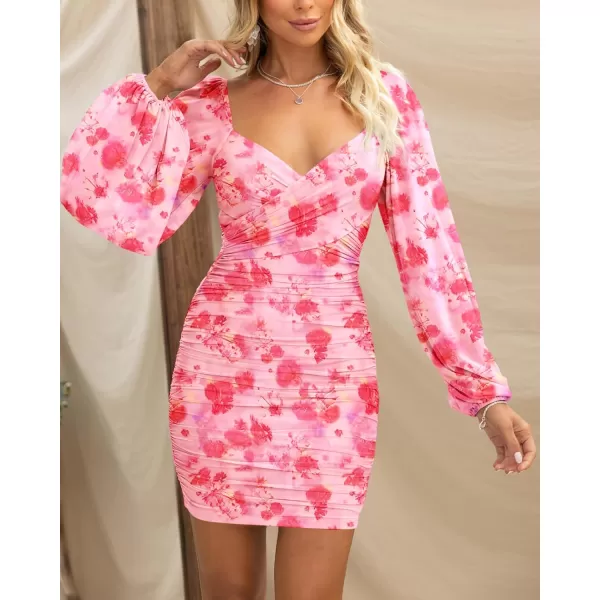 BTFBM Womens Elegant Ruched Bodycon Dresses Spring Summer Mesh Long Sleeve Cross V Neck Party Club Cocktail Mini DressPrint Pink