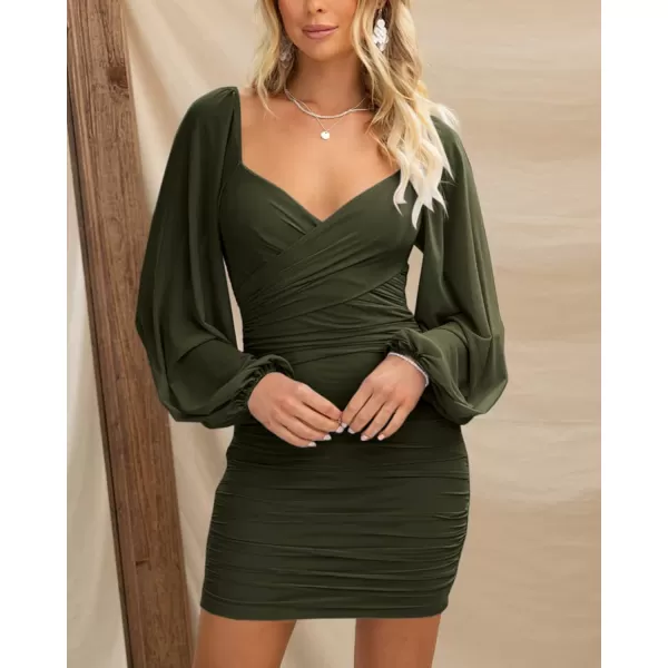 BTFBM Womens Elegant Ruched Bodycon Dresses Spring Summer Mesh Long Sleeve Cross V Neck Party Club Cocktail Mini DressSolid Army Green