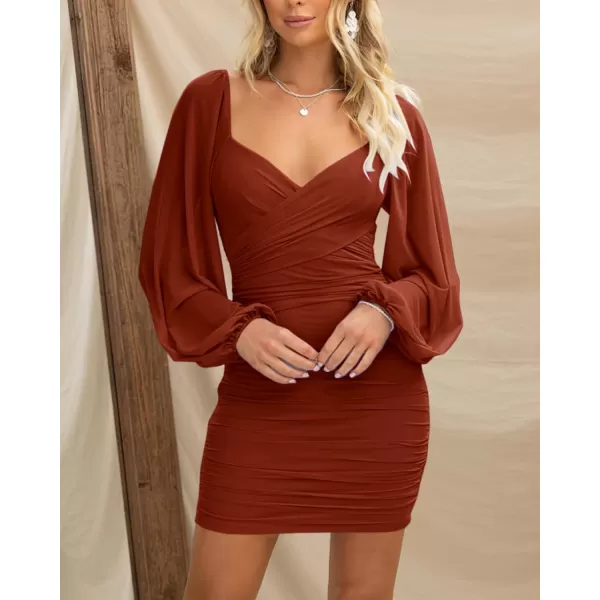 BTFBM Womens Elegant Ruched Bodycon Dresses Spring Summer Mesh Long Sleeve Cross V Neck Party Club Cocktail Mini DressSolid Caramel