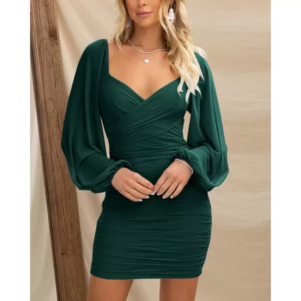 BTFBM Womens Elegant Ruched Bodycon Dresses Spring Summer Mesh Long Sleeve Cross V Neck Party Club Cocktail Mini DressSolid Green