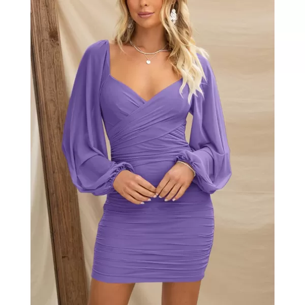 BTFBM Womens Elegant Ruched Bodycon Dresses Spring Summer Mesh Long Sleeve Cross V Neck Party Club Cocktail Mini DressSolid Grey Purple