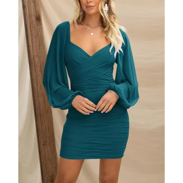 BTFBM Womens Elegant Ruched Bodycon Dresses Spring Summer Mesh Long Sleeve Cross V Neck Party Club Cocktail Mini DressSolid Lake Blue