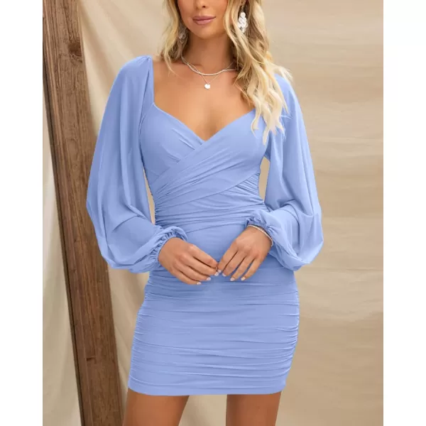 BTFBM Womens Elegant Ruched Bodycon Dresses Spring Summer Mesh Long Sleeve Cross V Neck Party Club Cocktail Mini DressSolid Light Blue