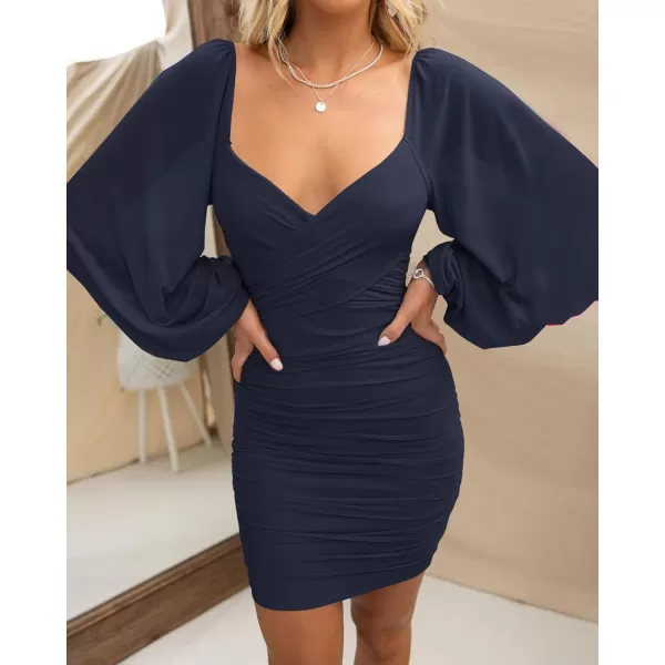 BTFBM Womens Elegant Ruched Bodycon Dresses Spring Summer Mesh Long Sleeve Cross V Neck Party Club Cocktail Mini DressSolid Navy