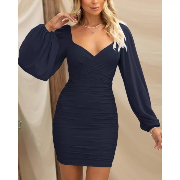 BTFBM Womens Elegant Ruched Bodycon Dresses Spring Summer Mesh Long Sleeve Cross V Neck Party Club Cocktail Mini DressSolid Navy