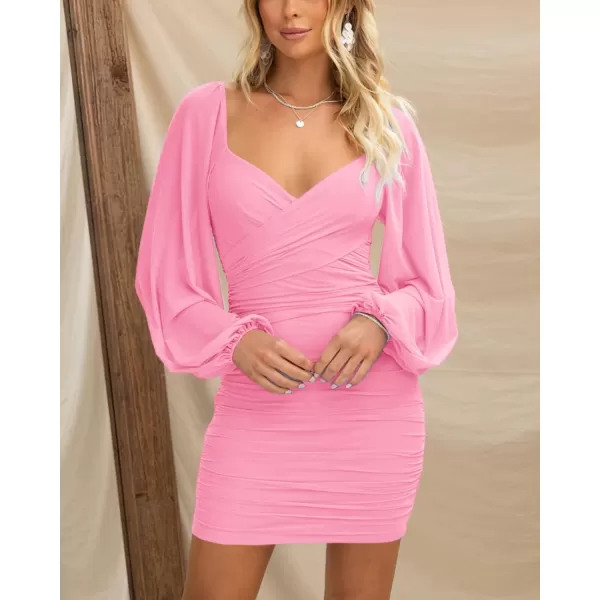 BTFBM Womens Elegant Ruched Bodycon Dresses Spring Summer Mesh Long Sleeve Cross V Neck Party Club Cocktail Mini DressSolid Pink