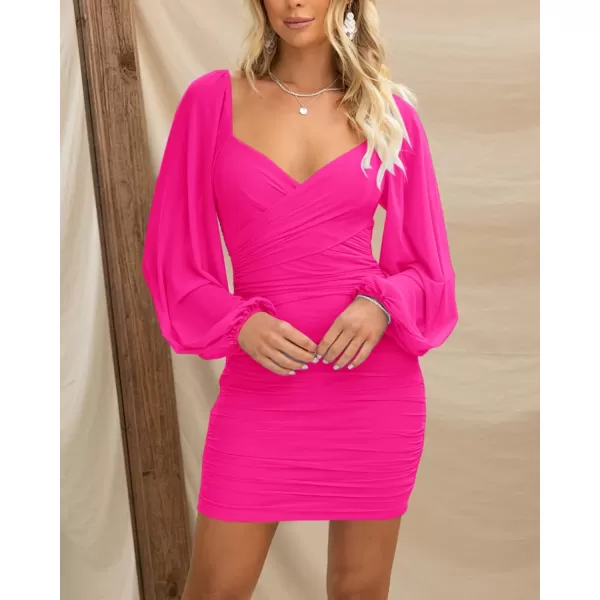 BTFBM Womens Elegant Ruched Bodycon Dresses Spring Summer Mesh Long Sleeve Cross V Neck Party Club Cocktail Mini DressSolid Rose Red