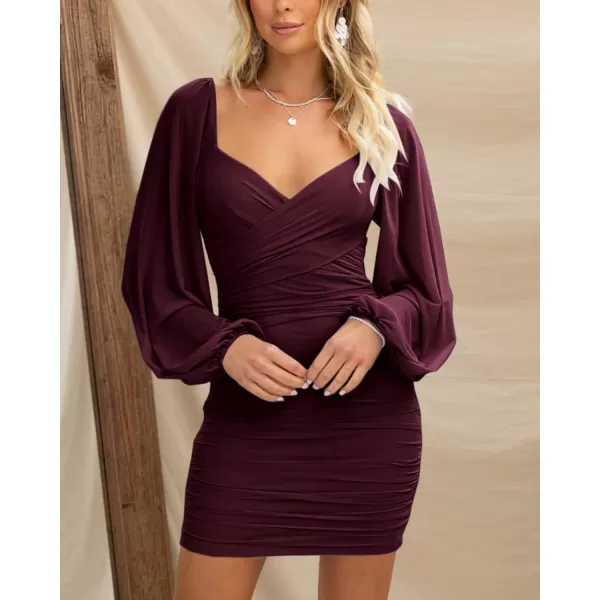 BTFBM Womens Elegant Ruched Bodycon Dresses Spring Summer Mesh Long Sleeve Cross V Neck Party Club Cocktail Mini DressSolid Wine Red