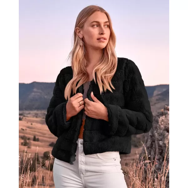 BTFBM Womens Faux Fur Cropped Jacket 2024 Fall Winter Fashion Soft Long Sleeve Open Front Fluffy Short Coat OuterwearSolid Black