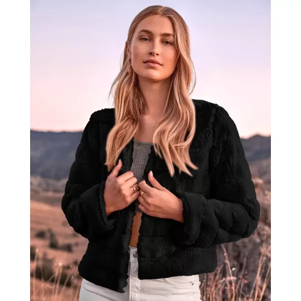 BTFBM Womens Faux Fur Cropped Jacket 2024 Fall Winter Fashion Soft Long Sleeve Open Front Fluffy Short Coat OuterwearSolid Black