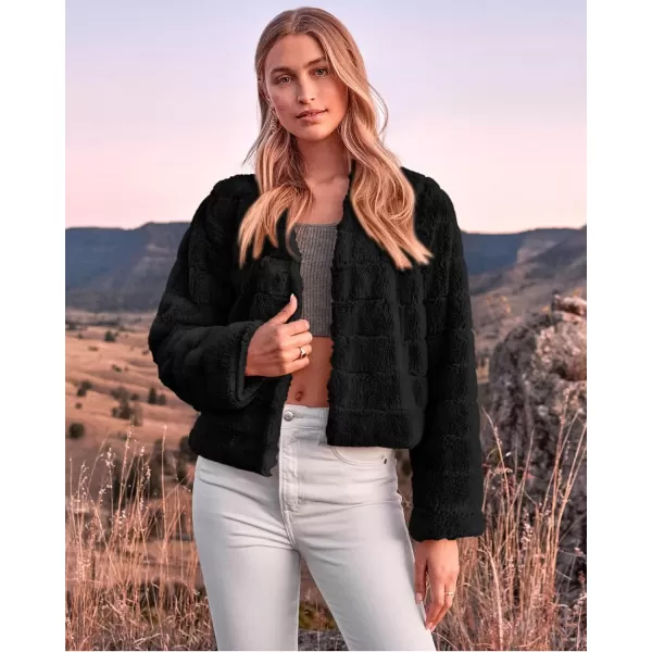 BTFBM Womens Faux Fur Cropped Jacket 2024 Fall Winter Fashion Soft Long Sleeve Open Front Fluffy Short Coat OuterwearSolid Black