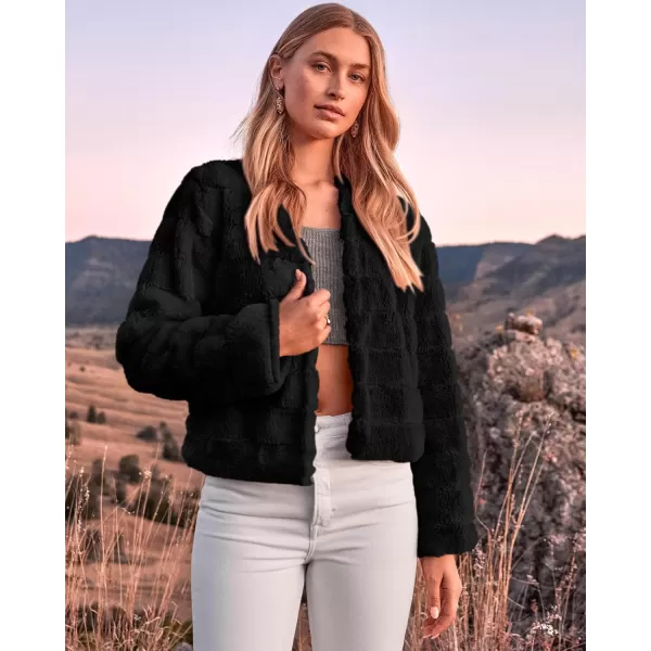 BTFBM Womens Faux Fur Cropped Jacket 2024 Fall Winter Fashion Soft Long Sleeve Open Front Fluffy Short Coat OuterwearSolid Black