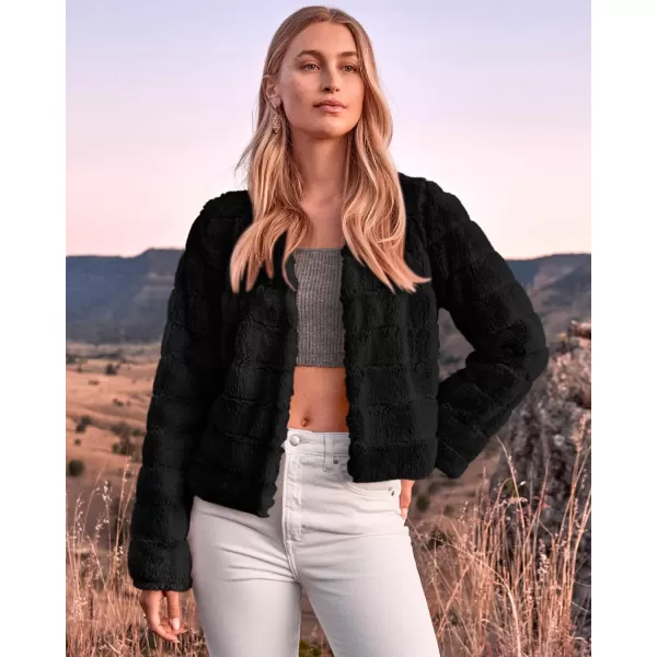BTFBM Womens Faux Fur Cropped Jacket 2024 Fall Winter Fashion Soft Long Sleeve Open Front Fluffy Short Coat OuterwearSolid Black