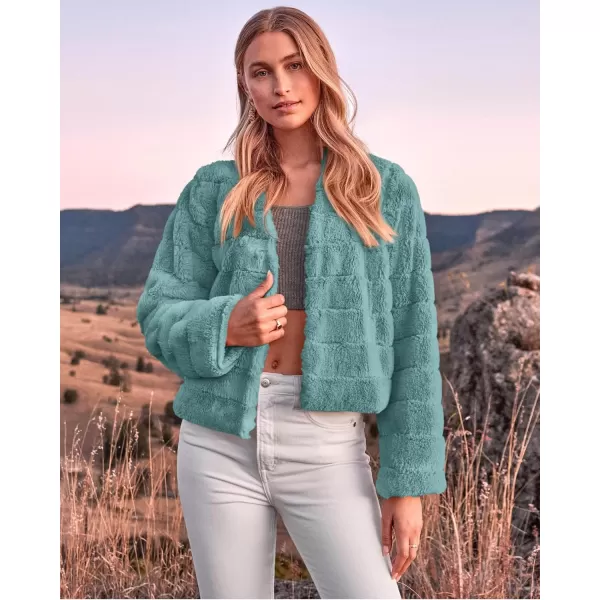 BTFBM Womens Faux Fur Cropped Jacket 2024 Fall Winter Fashion Soft Long Sleeve Open Front Fluffy Short Coat OuterwearSolid Blue Green