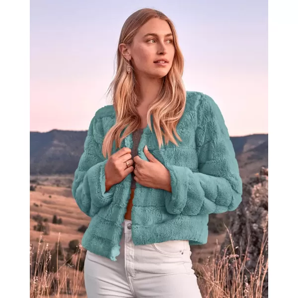 BTFBM Womens Faux Fur Cropped Jacket 2024 Fall Winter Fashion Soft Long Sleeve Open Front Fluffy Short Coat OuterwearSolid Blue Green