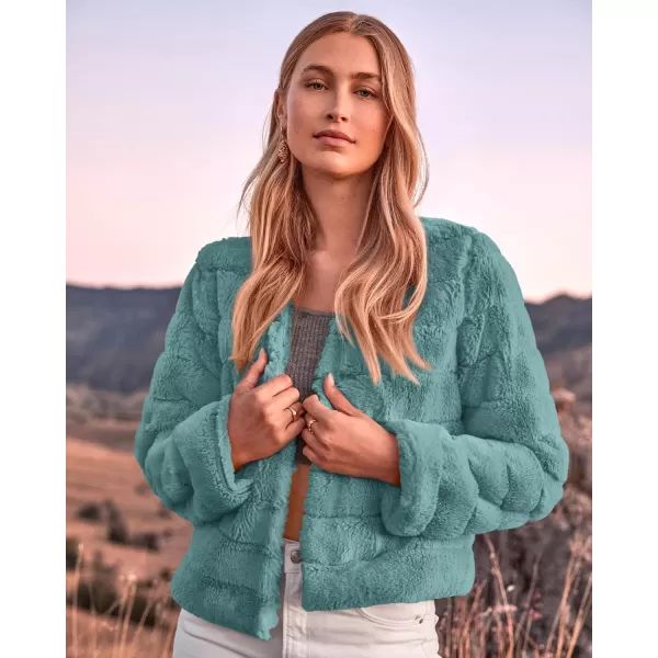 BTFBM Womens Faux Fur Cropped Jacket 2024 Fall Winter Fashion Soft Long Sleeve Open Front Fluffy Short Coat OuterwearSolid Blue Green